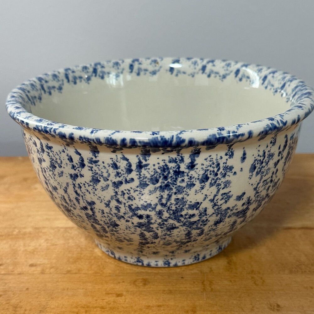 Blue Spongeware Stoneware Large Bowl 10.5 Inch Decorative Primitive Display READ